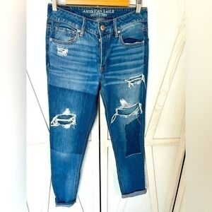 ✨NWT American 🦅 High Rise Tomgirl Straight Leg Distressed Patchwork Jeans 0